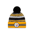 Pittsburgh Steelers New Era NFL Cuffed Pom Knit 2021 Sideline Hat Yellow/Black/White Crown/Cuff Team Color Logo