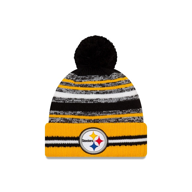 Pittsburgh Steelers New Era NFL Cuffed Pom Knit 2021 Sideline Hat Yellow/Black/White Crown/Cuff Team Color Logo