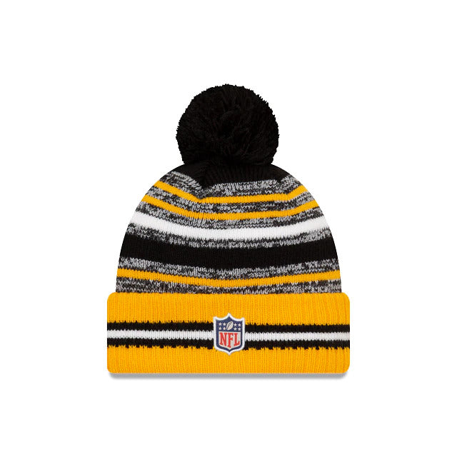 Pittsburgh Steelers New Era NFL Cuffed Pom Knit 2021 Sideline Hat Yellow/Black/White Crown/Cuff Team Color Logo