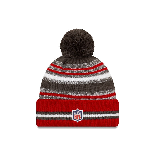 Tampa Bay Buccaneers New Era NFL Cuffed Pom Knit 2021 Sideline Hat Red/Dark Gray/White Crown/Cuff Team Color Logo