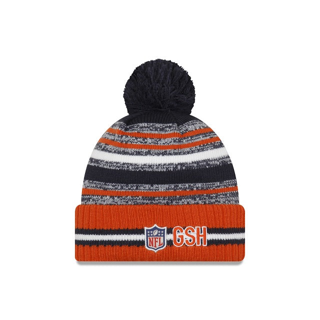Chicago Bears New Era NFL 2021 Sideline Sport Official Cuffed Pom Knit Navy/White/Orange Team Color Logo