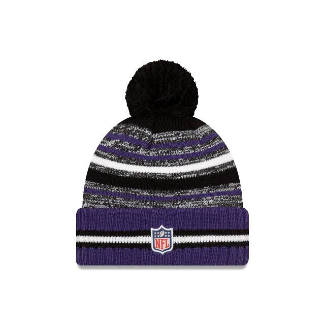 Baltimore Ravens New Era NFL 2021 Sideline Sport Official Pom Cuffed Knit Beanie Purple/Black Team Color