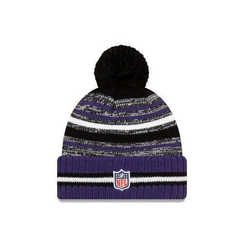 Baltimore Ravens New Era NFL 2021 Sideline Sport Official Pom Cuffed Knit Beanie Purple/Black Team Color
