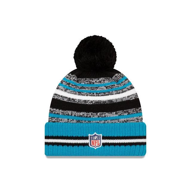 Carolina Panthers New Era NFL 2021 Sideline Sport Official Pom Cuffed Knit Beanie Teal/Black Team Color