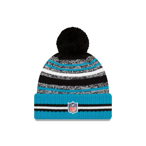 Carolina Panthers New Era NFL 2021 Sideline Sport Official Pom Cuffed Knit Beanie Teal/Black Team Color