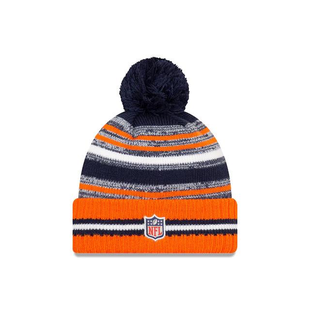 Denver Broncos New Era NFL 2021 Sideline Sport Official Pom Cuffed Knit Beanie Orange/Navy Team Color