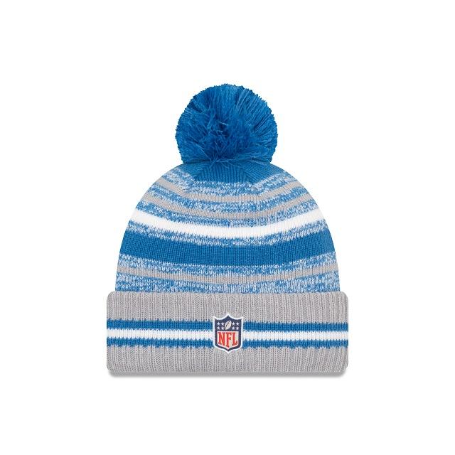 Detroit Lions New Era NFL 2021 Sideline Sport Official Pom Cuffed Knit Beanie Gray/Sky Blue Team Color