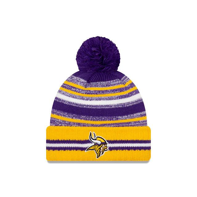 Minnesota Vikings New Era NFL 2021 Sideline Sport Official Pom Cuffed Knit Beanie Yellow/Purple Team Color