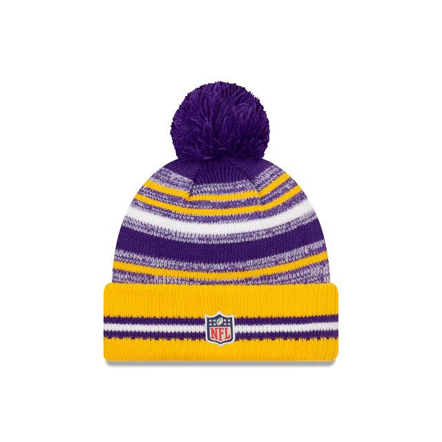 Minnesota Vikings New Era NFL 2021 Sideline Sport Official Pom Cuffed Knit Beanie Yellow/Purple Team Color