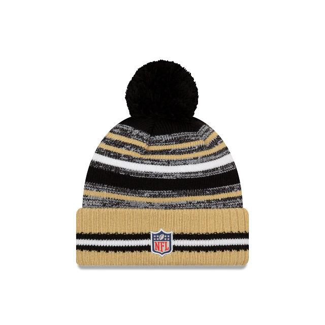 New Orleans Saints New Era NFL 2021 Sideline Sport Official Pom Cuffed Knit Beanie Wheat/Black Team Color
