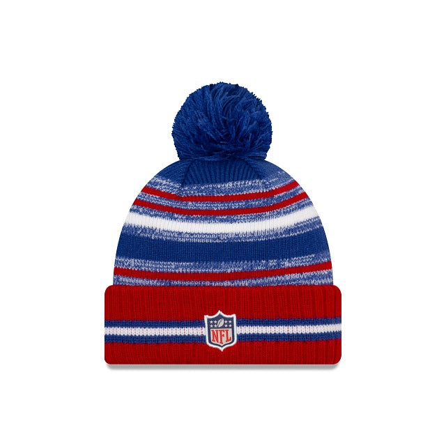 New York Giants New Era NFL 2021 Sideline Sport Official Cuffed Pom Knit Royal Blue/Red/White Team Color Logo