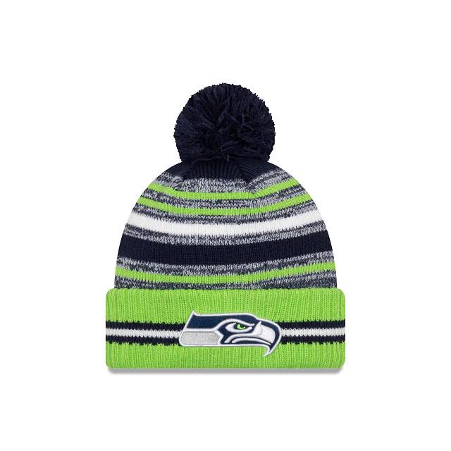 Seattle Seahawks New Era NFL 2021 Sideline Sport Official Pom Cuffed Knit Beanie Green/Navy Team Color