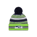 Seattle Seahawks New Era NFL 2021 Sideline Sport Official Pom Cuffed Knit Beanie Green/Navy Team Color