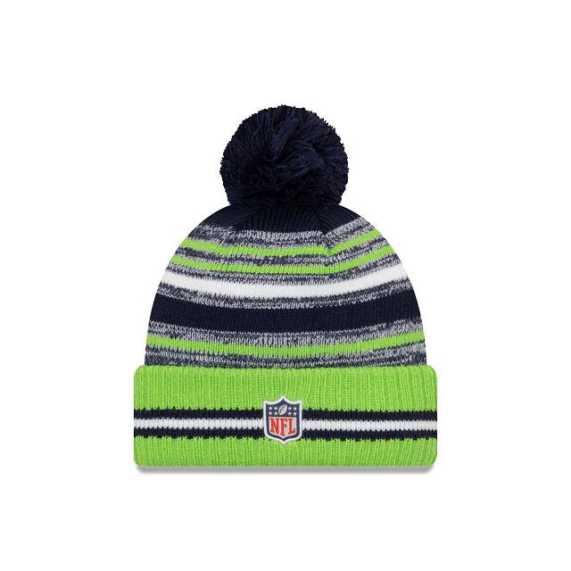 Seattle Seahawks New Era NFL 2021 Sideline Sport Official Pom Cuffed Knit Beanie Green/Navy Team Color