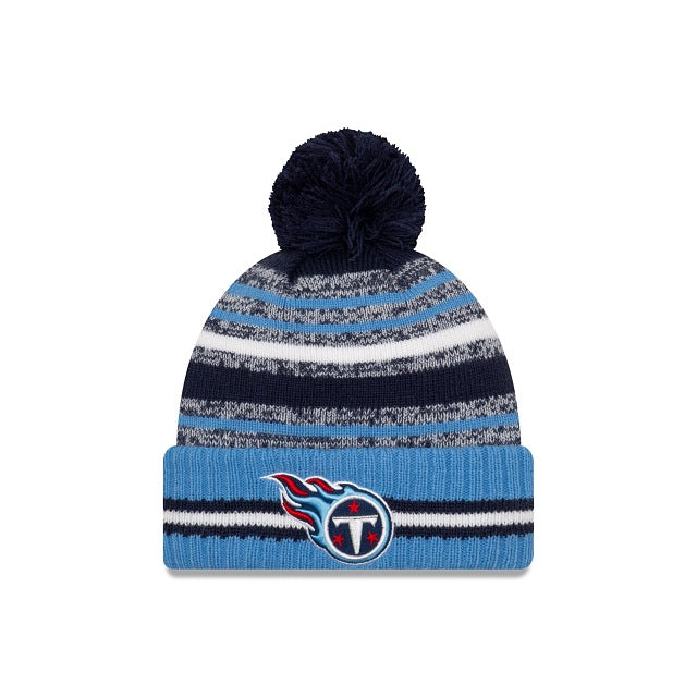 Tennessee Titans New Era NFL 2021 Sideline Sport Official Cuffed Pom Knit Navy/Sky Blue/White Team Color Logo