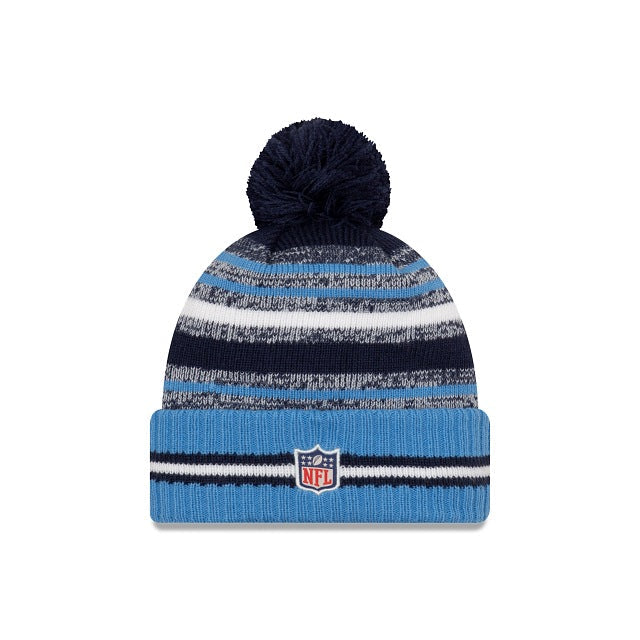 Tennessee Titans New Era NFL 2021 Sideline Sport Official Cuffed Pom Knit Navy/Sky Blue/White Team Color Logo