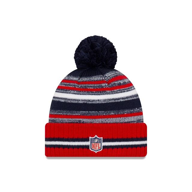 New England Patriots New Era NFL 2021 Sideline Sport Official Pom Cuffed Knit Beanie Red/Navy Team Color