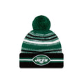 New York Jets New Era NFL 2021 Sideline Sport Official Cuffed Pom Knit Green/Black/White Team Color Logo