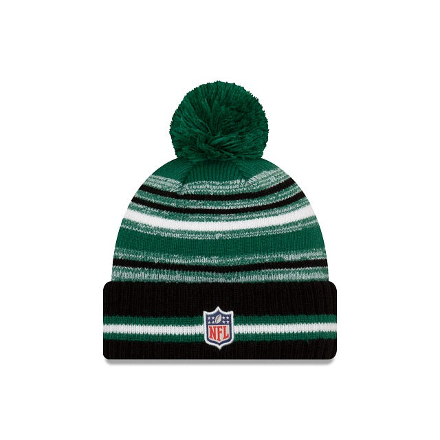 New York Jets New Era NFL 2021 Sideline Sport Official Cuffed Pom Knit Green/Black/White Team Color Logo