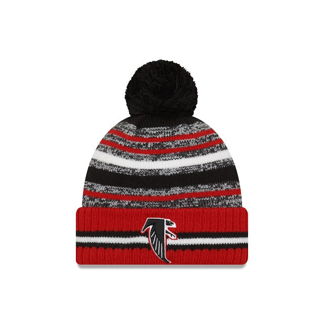 Atlanta Falcons New Era NFL 2021 Sideline Sport Official Cuffed Pom Knit Black/Red/White Team Color Retro Logo