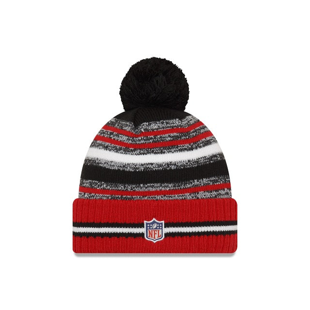 Atlanta Falcons New Era NFL 2021 Sideline Sport Official Cuffed Pom Knit Black/Red/White Team Color Retro Logo