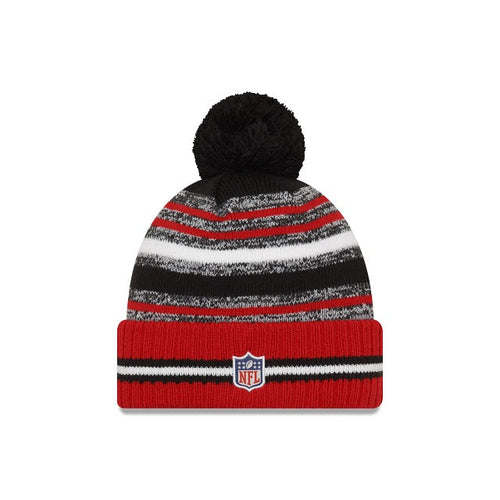 Atlanta Falcons New Era NFL 2021 Sideline Sport Official Cuffed Pom Knit Black/Red/White Team Color Retro Logo