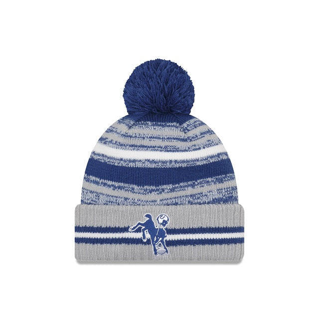 Indianapolis Colts New Era NFL 2021 Sideline Sport Official Cuffed Pom Knit Royal Blue/Gray/White Team Color Retro Logo