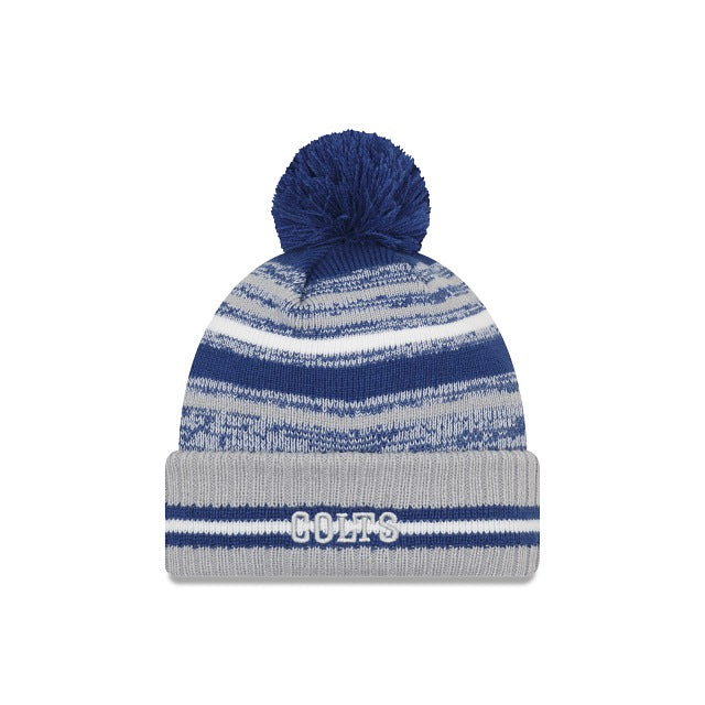 Indianapolis Colts New Era NFL 2021 Sideline Sport Official Cuffed Pom Knit Royal Blue/Gray/White Team Color Retro Logo