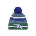 Seattle Seahawks New Era NFL 2021 Sport Official Cuffed Pom Knit Royal Blue/Dark Green/White Team Color Retro Logo