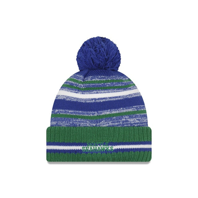 Seattle Seahawks New Era NFL 2021 Sport Official Cuffed Pom Knit Royal Blue/Dark Green/White Team Color Retro Logo