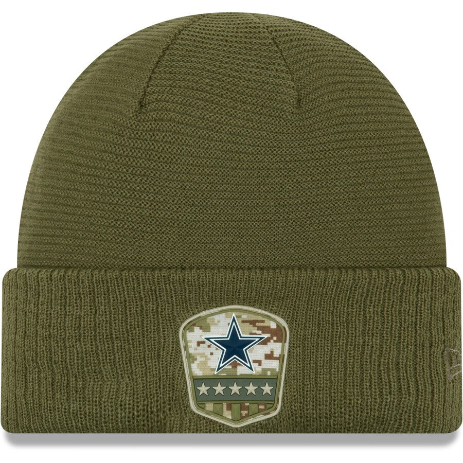 Dallas Cowboys New Era NFL 2019 Salute To Service Cuffed Knit Beanie Hat Olive Green Crown/Visor Team Color Logo