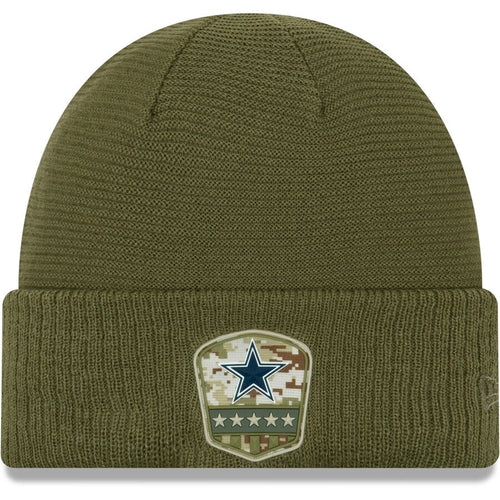 Dallas Cowboys New Era NFL 2019 Salute To Service Cuffed Knit Beanie Hat Olive Green Crown/Visor Team Color Logo