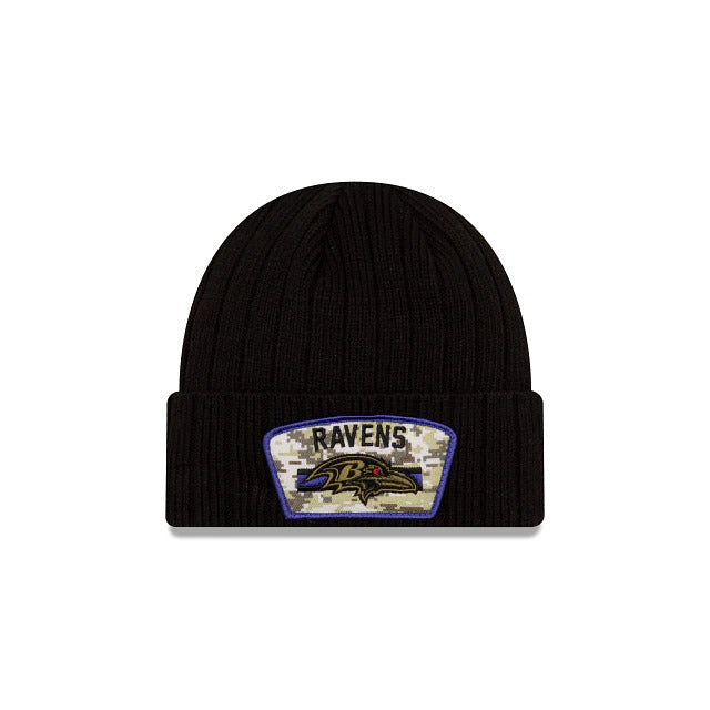 Baltimore Ravens New Era NFL Cuffed Knit Beanie 2021 Salute To Service Hat Black Crown Patch Logo