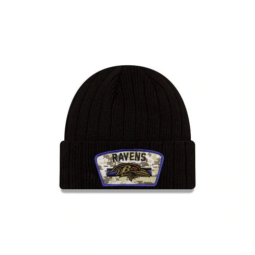 Baltimore Ravens New Era NFL Cuffed Knit Beanie 2021 Salute To Service Hat Black Crown Patch Logo