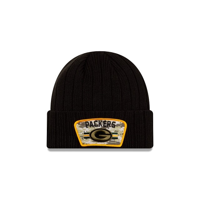 Green Bay Packers New Era NFL Cuffed Knit Beanie 2021 Salute To Service Hat Black Crown Patch Logo