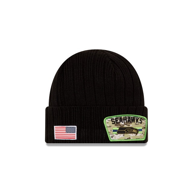 Seattle Seahawks New Era NFL Cuffed Knit Beanie 2021 Salute To Service Hat Black Crown Patch Logo