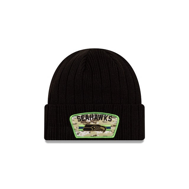 Seattle Seahawks New Era NFL Cuffed Knit Beanie 2021 Salute To Service Hat Black Crown Patch Logo