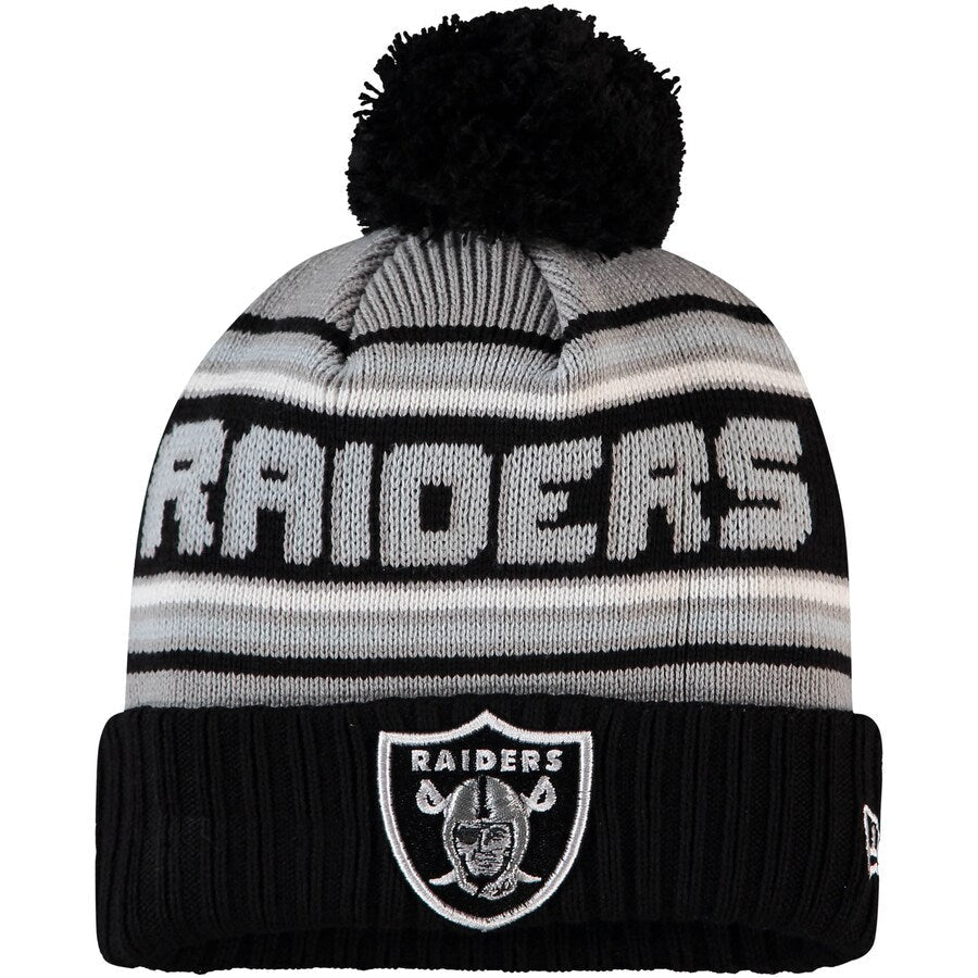 Las Vegas Raiders New Era Cuffed Pom Knit Hat Gray/Black Crown/Visor Team Color Logo (Knit Cheer)