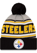Pittsburgh Steelers New Era NFL Cuffed Pom Knit Hat Gray/Black Crown/Visor Team Color Logo (Knit Cheer)