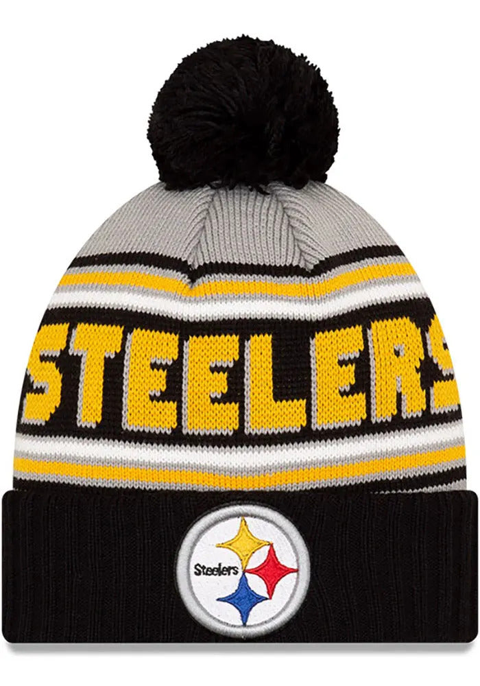 Pittsburgh Steelers New Era NFL Cuffed Pom Knit Hat Gray/Black Crown/Visor Team Color Logo (Knit Cheer)