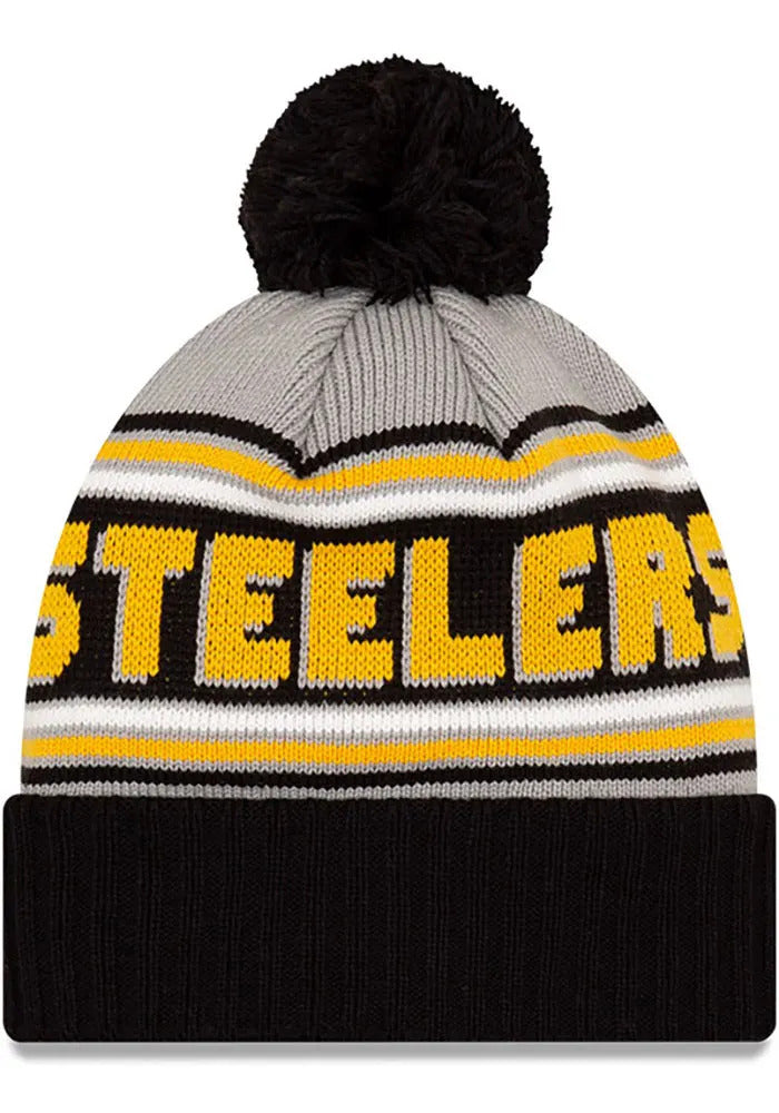 Pittsburgh Steelers New Era NFL Cuffed Pom Knit Hat Gray/Black Crown/Visor Team Color Logo (Knit Cheer)