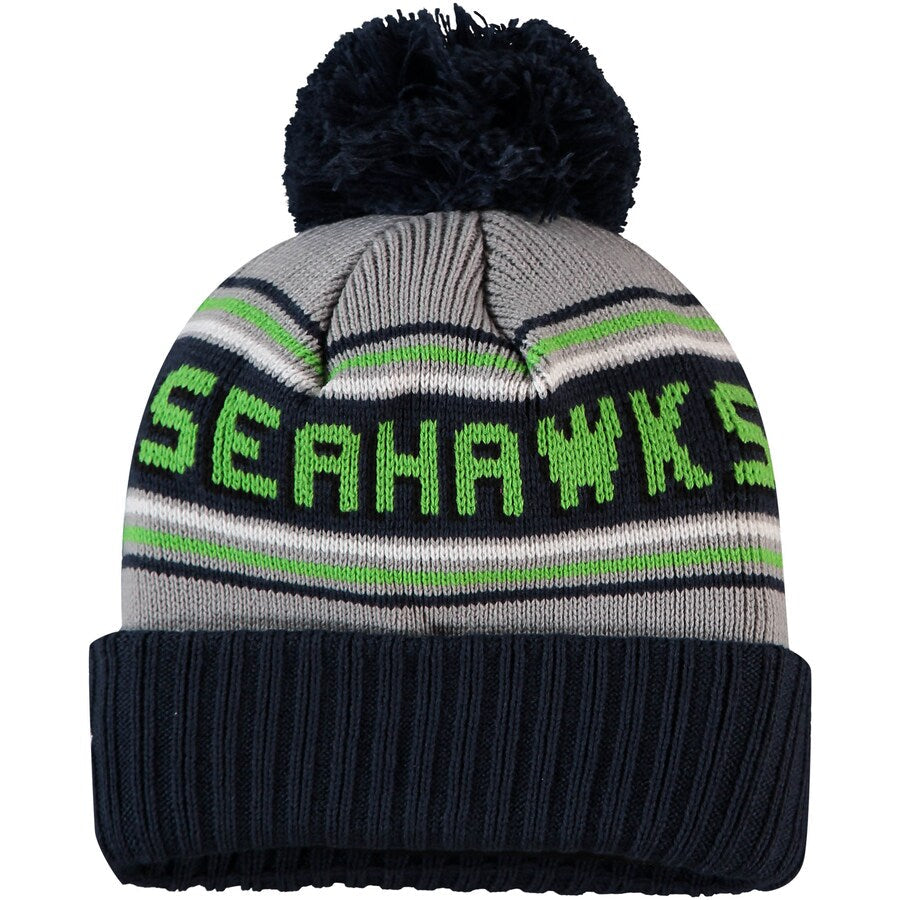 Seattle Seahawks New Era NFL Cuffed Pom Knit Hat Gray/Navy Crown/Visor Team Color Logo (Knit Cheer)