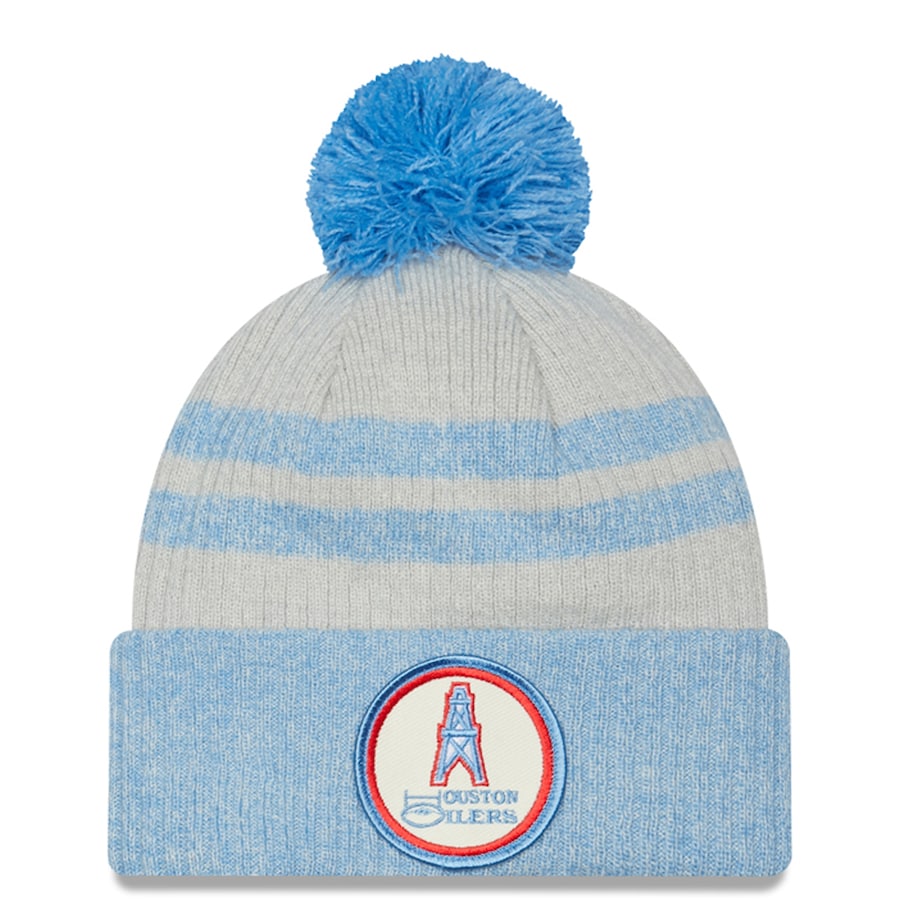 Houston Oilers New Era NFL 2022 Sideline Cuffed Pom Knit Beanie Hat Cream/Sky Blue Crown Visor Team Color Logo (Sport Knit)