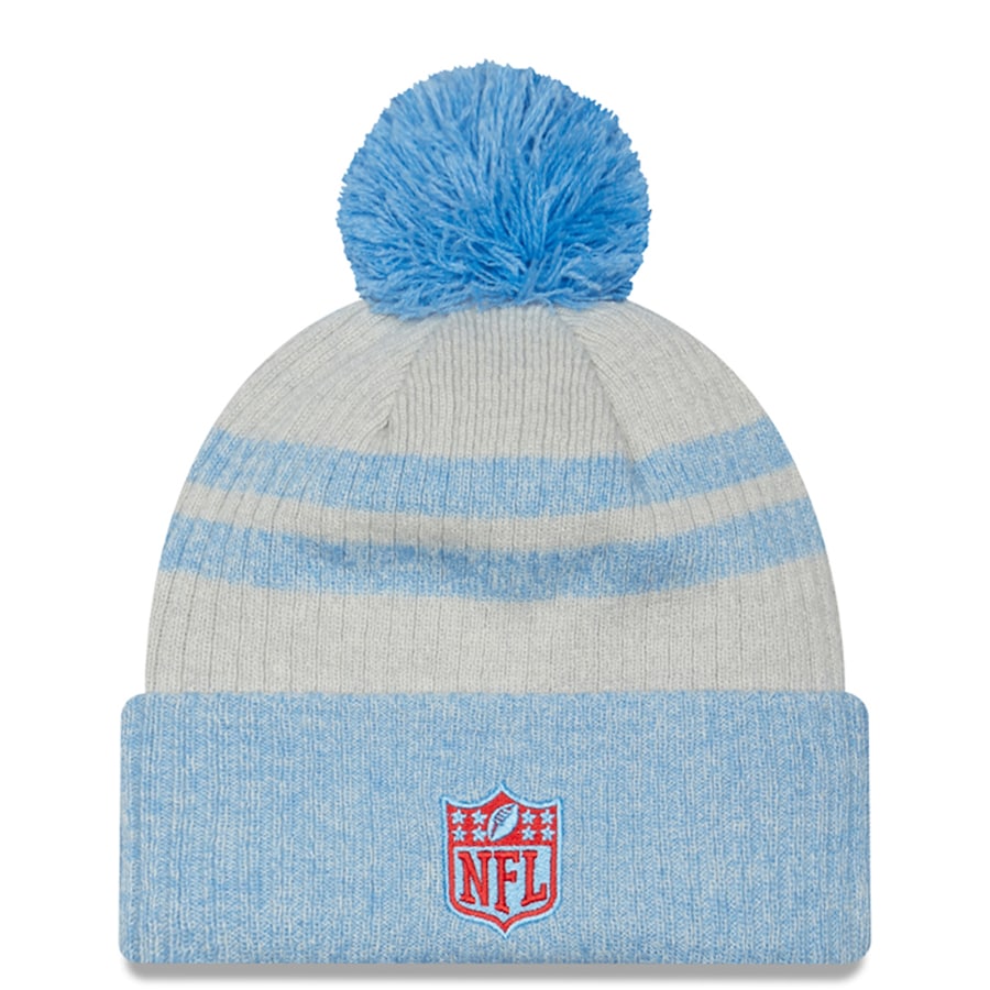 Houston Oilers New Era NFL 2022 Sideline Cuffed Pom Knit Beanie Hat Cream/Sky Blue Crown Visor Team Color Logo (Sport Knit)