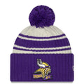 Minnesota Vikings New Era NFL Cuffed Pom Knit Beanie Hat Cream/Purple Crown/Visor Team Color Logo (2022 Sideline)