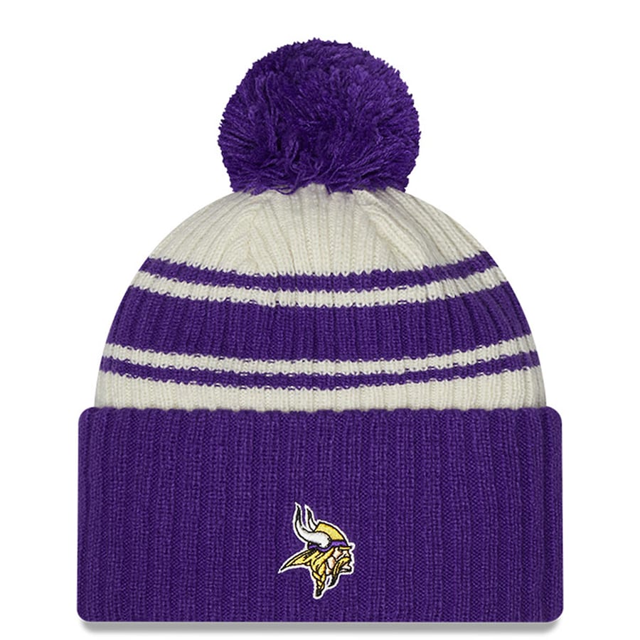 Minnesota Vikings New Era NFL Cuffed Pom Knit Beanie Hat Cream/Purple Crown/Visor Team Color Logo (2022 Sideline)