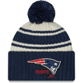 New England Patriots New Era NFL Cuffed Pom Knit Beanie Hat Cream/Navy Blue Crown/Visor Team Color Logo (2022 Sideline)