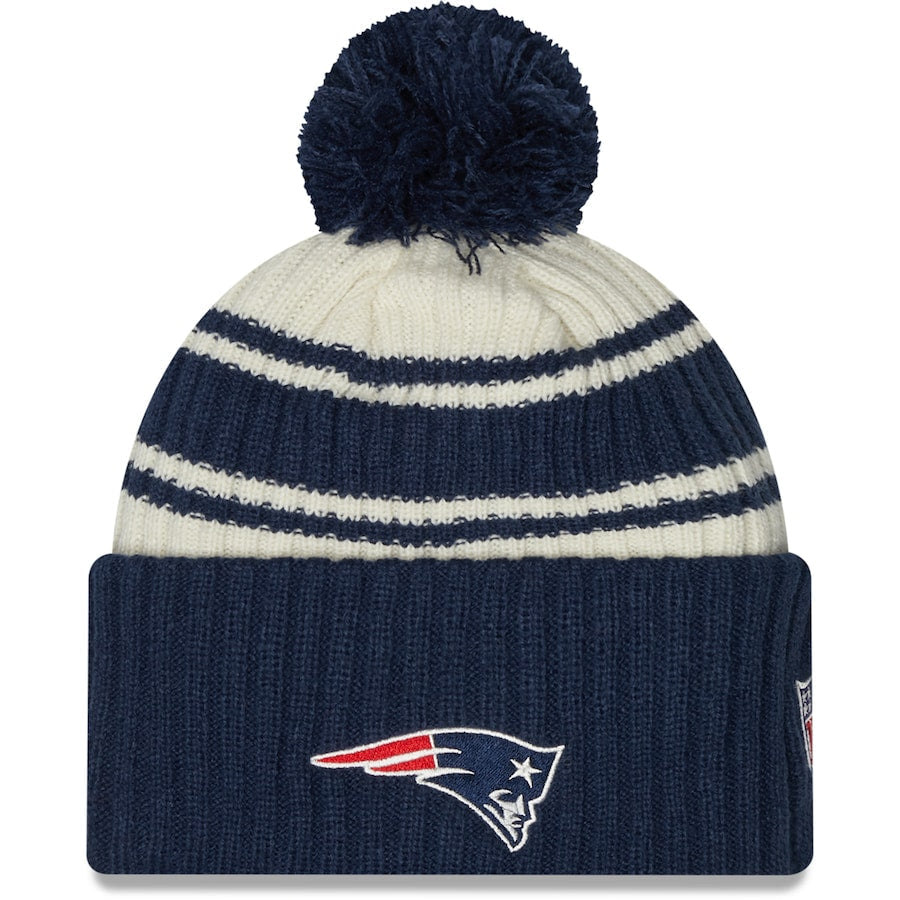 New England Patriots New Era NFL Cuffed Pom Knit Beanie Hat Cream/Navy Blue Crown/Visor Team Color Logo (2022 Sideline)