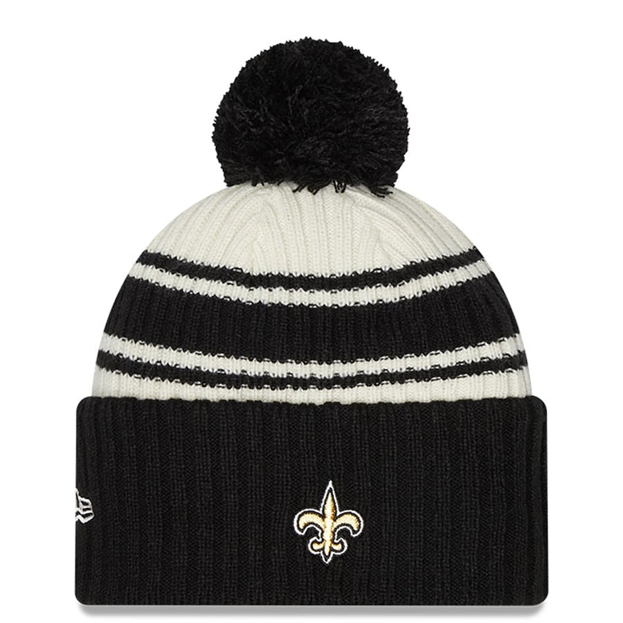 New Orleans Saints New Era NFL Cuffed Pom Knit Beanie Hat Cream/Black Crown/Visor Team Color Logo (2022 Sideline)