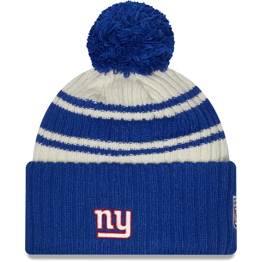 New York Giants New Era NFL Cuffed Pom Knit Beanie Hat Cream/Royal Blue Crown/Visor Team Color Logo (2022 Sideline)